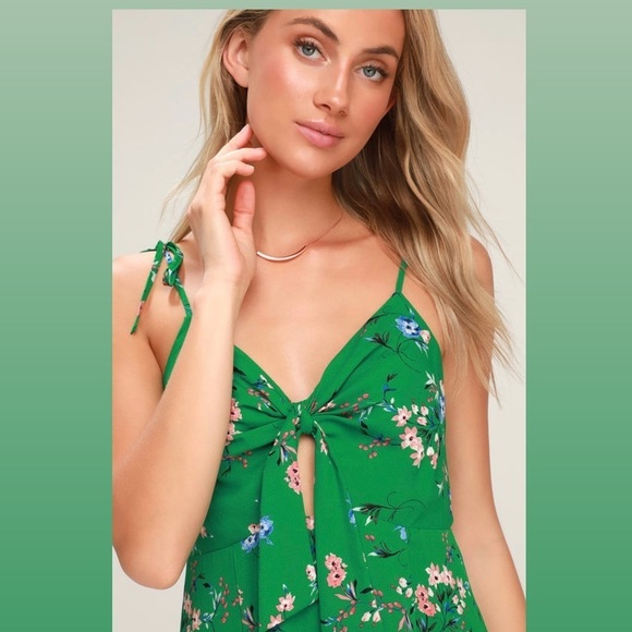 Lulu’s Blossom On Green Floral Print Tie-Strap Skater Dress Mini - Picture 14 of 14